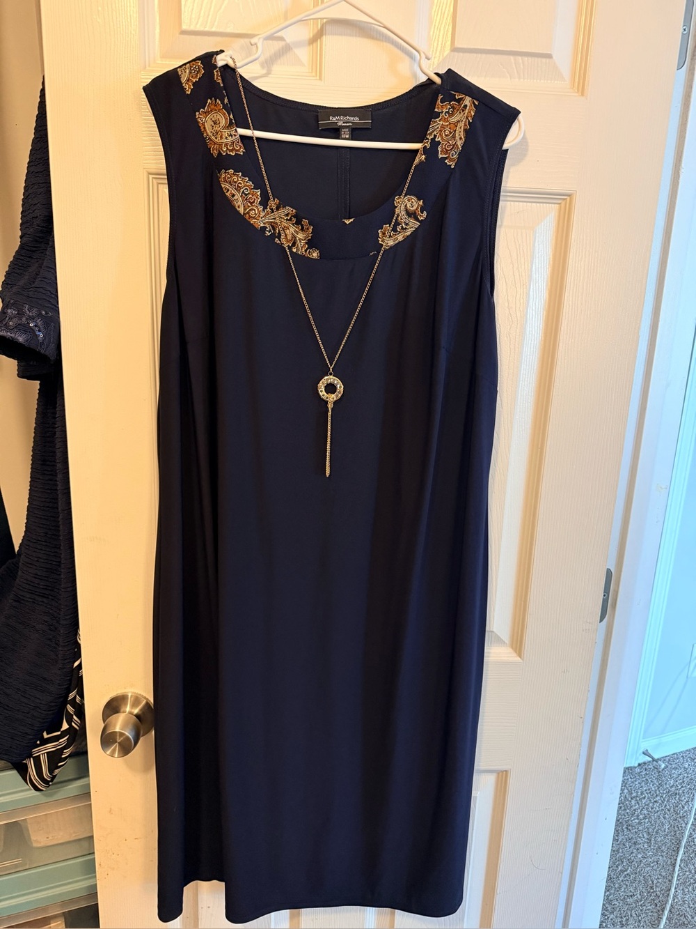 R&M Richards Navy Sleeveless Embellished Neckline Dress